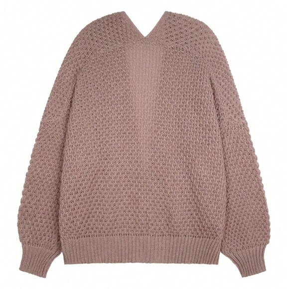 Khaki Casual Women's Dropped Shoulder Long Sleeve Hollow Out Loose Cardigan - Picture 3 of 7